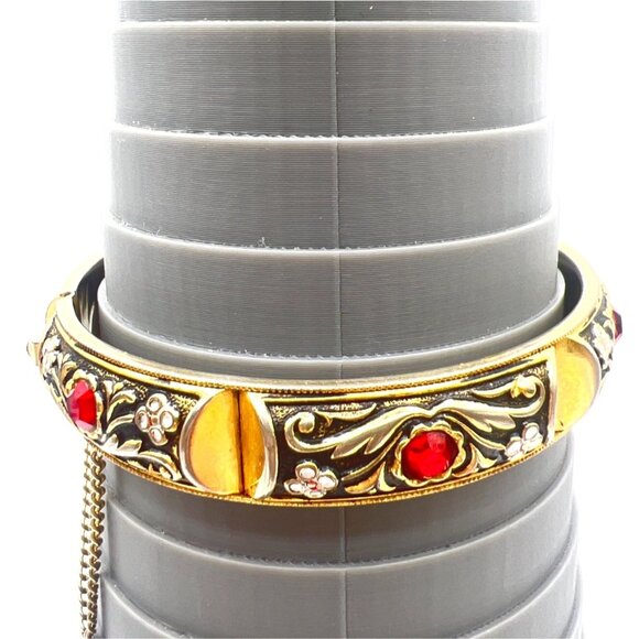 Vintage Spanish Damascene Bracelet Hinged Bangle Rhinestones Enamel Safety Chain - Picture 3 of 10